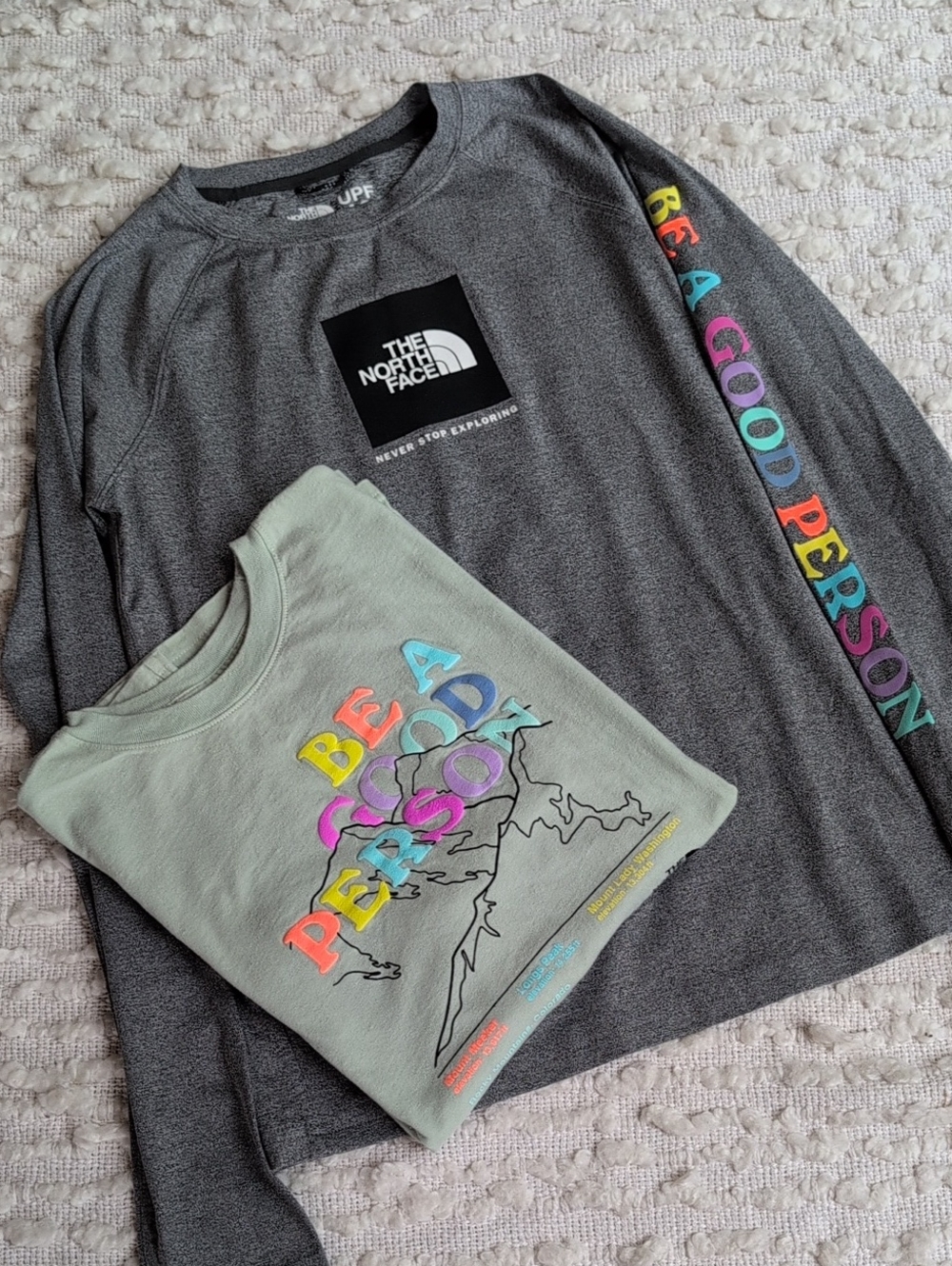 The North Face Kids' Gray Long Sleeve Short Sleeve UPF Tee Be A Good Person